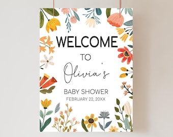 Edytowalny znak powitalny na baby shower A Little Wildflower, plakat powitalny na baby shower z kwiatami wiosennymi, Baby in Bloom Boho Wildflower Shower, 01036