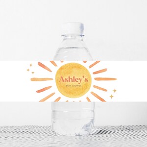 Editable Sunshine Baby Shower Bottle Label, Here Comes the Son Baby Shower Water Label, Retro Sun Bottle Stickers, Boy Boho Sunshine, 0640 image 1