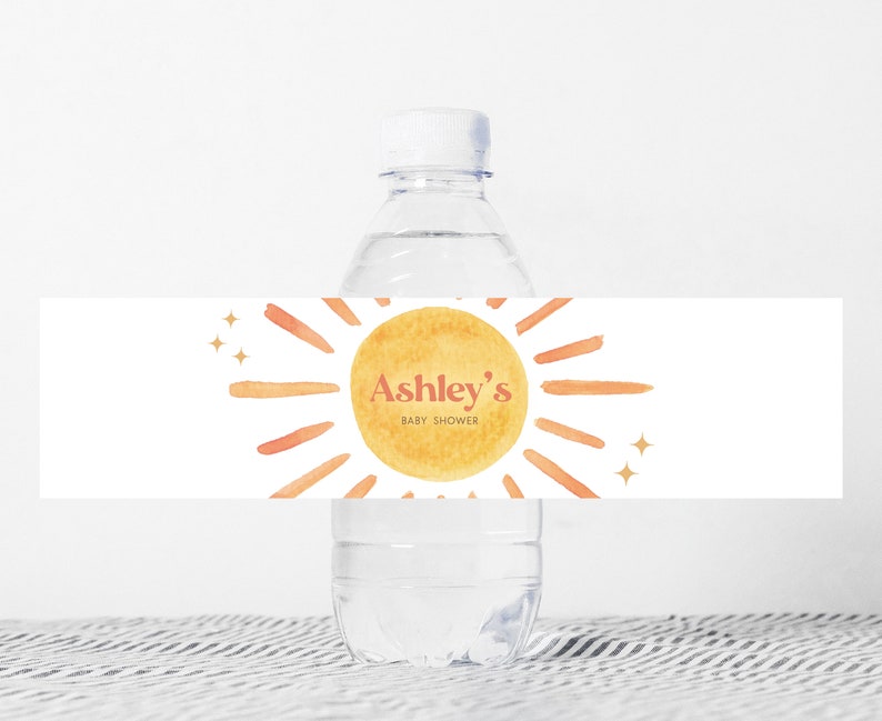Editable Sunshine Baby Shower Bottle Label, Here Comes the Son Baby Shower Water Label, Retro Sun Bottle Stickers, Boy Boho Sunshine, 0640 image 1