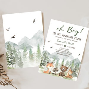 Editable Let the Adventure Begin Woodland Baby Shower Invitation, Boy Adventure Baby Shower Invite, Forest Mountain Baby Shower Invite, 0496 image 2