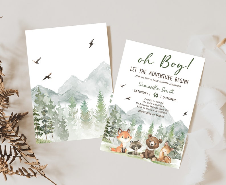 Editable Let the Adventure Begin Woodland Baby Shower Invitation, Boy Adventure Baby Shower Invite, Forest Mountain Baby Shower Invite, 0496 image 2