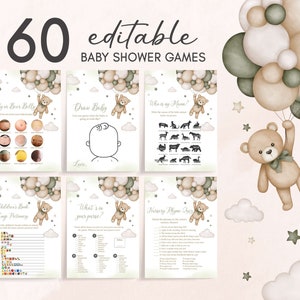 Editable Gender Neutral Bear Baby Shower Games Bundle, We Can Bearly Wait Baby Shower Game Pack, Green Balloon Bear Baby Shower Games, 0506
