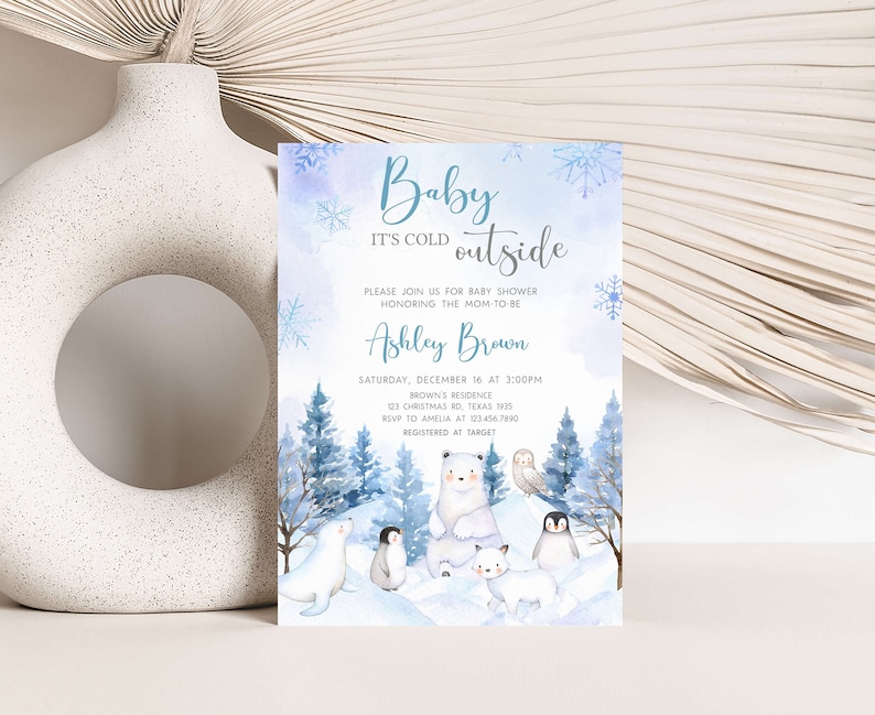 Editable Winter Arctic Animals Baby Shower Invitation, Blue Baby it's Cold Outside Baby Shower Invite, Boy Winter Baby Shower Invite, 0566 image 1
