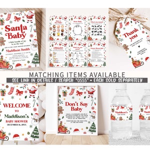 May include: A collection of Christmas-themed baby shower decorations. The designs include invitations, games, welcome signs, gift tags, and water bottle labels. The decorations feature Santa Claus, a sleigh, and festive holiday elements.