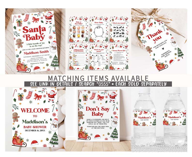 May include: A collection of Christmas-themed baby shower decorations. The designs include invitations, games, welcome signs, gift tags, and water bottle labels. The decorations feature Santa Claus, a sleigh, and festive holiday elements.