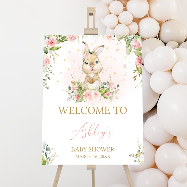 Editable Sign Bunny Girl Baby Shower Welcome Sign, Pink Floral Baby Shower Welcome Poster, A Little Bunny Rabbit Spring Baby Shower, 0624