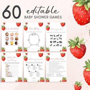 Editable Strawberry Baby Shower Games Bundle, Minimalist Red Strawberry Baby Shower Game Pack, Berry Sweet Baby Shower Games Template, 0631