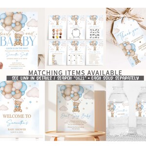 May include: A set of baby shower party decorations featuring a teddy bear holding balloons in blue and brown colors. The decorations include a welcome sign, a don't say baby sign, water bottle labels, and a thank you tag. The text on the welcome sign reads "Welcome to Samantha's Baby Shower March 18, 2023".