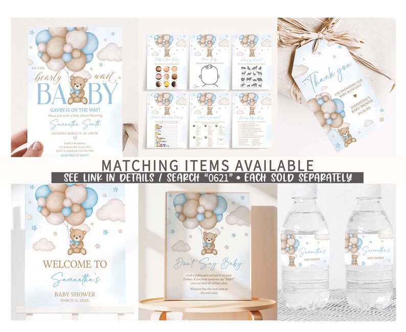 May include: A set of baby shower party decorations featuring a teddy bear holding balloons in blue and brown colors. The decorations include a welcome sign, a don't say baby sign, water bottle labels, and a thank you tag. The text on the welcome sign reads "Welcome to Samantha's Baby Shower March 18, 2023".