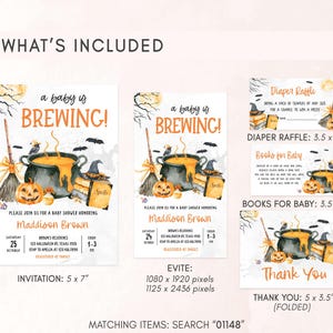 a collection of Halloween-themed invitation designs for a baby shower, including a baby's birthday party, a diaper raffle, and books for babies. The invitations feature illustrations of pumpkins, bats, and a cauldron, along with text providing details about the event.