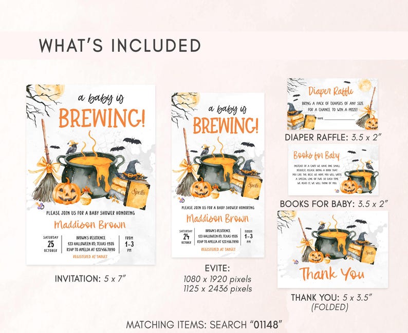 a collection of Halloween-themed invitation designs for a baby shower, including a baby's birthday party, a diaper raffle, and books for babies. The invitations feature illustrations of pumpkins, bats, and a cauldron, along with text providing details about the event.