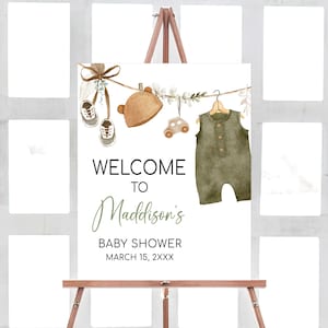 Editable Baby Clothes Boho Baby Shower Welcome Sign, Rustic Sweet Baby Boy Baby Shower Welcome Poster, Green Boho Baby Shower Sign, 01045