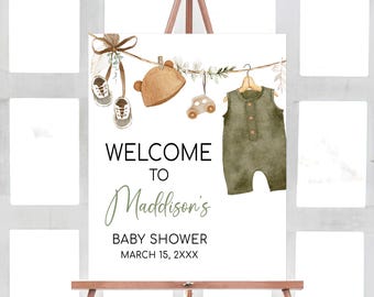 Bearbeitbare Babykleidung Boho Babyparty Willkommensschild, rustikales süßes Baby Boy Babyparty Willkommensplakat, grünes Boho Babypartyschild, 01045