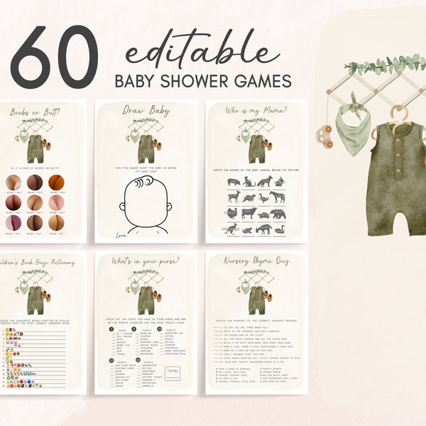 Editable Boho Baby Shower Games Bundle, Baby Clothes Baby Shower Game Pack, Minimalist Bohemian Rustic Clothes Games Printable Template 0341