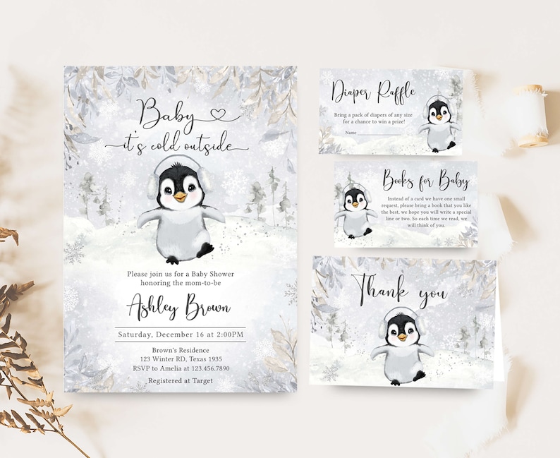May include: Baby shower invitation set featuring a cute penguin in a winter scene. The invitation includes the text "Baby it's cold outside" and details for the event. Additional cards include a diaper raffle, books for baby, and thank you notes.