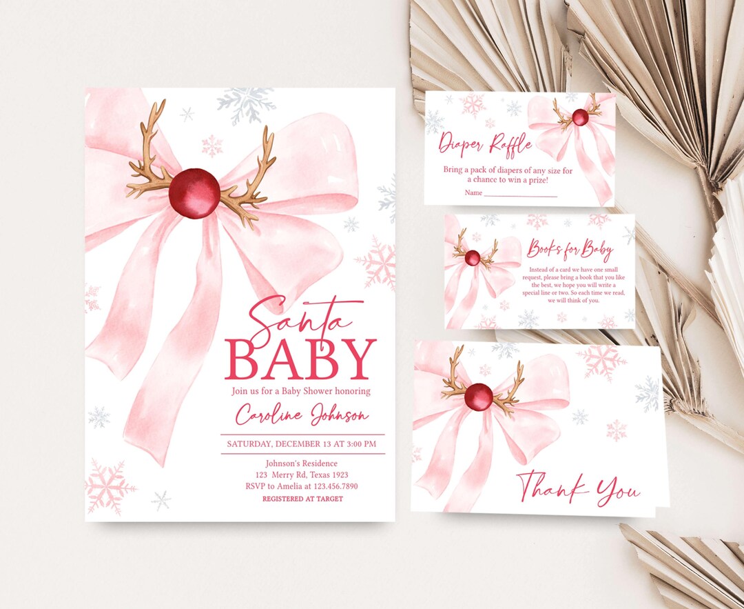 Editable Santa Baby Shower Invitation Bundle, Girl Winter Coquette Baby ...