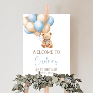 Editable Boho Brown Bear Baby Shower Welcome Sign, Blue Balloon Baby Shower Welcome Poster, We Can Bearly Wait Boy Baby Shower Sign, 0672 image 1