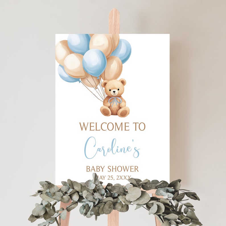 Editable Boho Brown Bear Baby Shower Welcome Sign, Blue Balloon Baby Shower Welcome Poster, We Can Bearly Wait Boy Baby Shower Sign, 0672 image 1