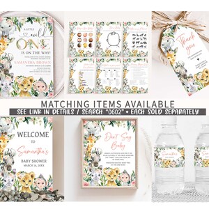 May include: A collection of baby shower stationery featuring watercolor illustrations of safari animals. Includes invitations, games, welcome signs, water bottle labels, and thank you tags. The theme is "A Little Wild One" with the name "Samantha Brown".