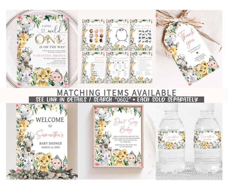 May include: A collection of baby shower stationery featuring watercolor illustrations of safari animals. Includes invitations, games, welcome signs, water bottle labels, and thank you tags. The theme is "A Little Wild One" with the name "Samantha Brown".