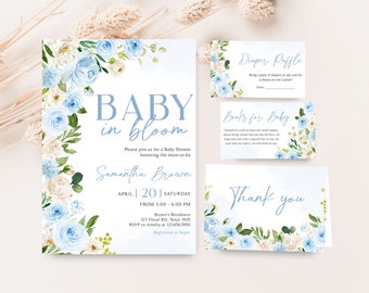Editable Boy Baby in Bloom Baby Shower Invitation Bundle, Blue Floral Baby Shower Invite Set, Spring Flowers Baby Shower Invitation, 0707