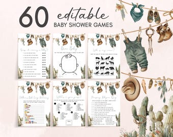 Editable A Little Cowboy Baby Shower Games Bundle, Cowboy Baby Clothes Boho Baby Shower Game Pack, Wild West Rodeo Baby Shower Games, 01043