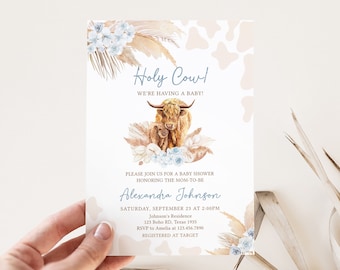 Editable Boho Highland Cow Baby Shower Invitation, Blue Holy Cow Baby Shower Invite, Boy Highland Cow Boho Baby Shower Invite Template, 0505