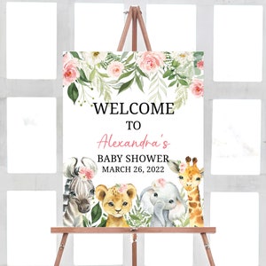 Jungle Baby Shower Welcome Sign Girl Safari Animals Baby Shower Sign Welcome Safari Sign Greenery Floral Baby Shower Printable Decor 0185