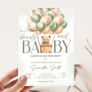 Editable Hot Air Balloon Bear Baby Shower Invitation, Gender Neutral We Can Bearly Wait Baby Shower Invite, Boho Baby Shower Invitation 0703