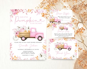 Editable Little Pumpkin Pink Truck Baby Shower Invitation Bundle, Girl Fall Baby Shower Invite, Pink Pumpkin Truck Boho Baby Shower, 01141