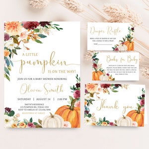 Editable Burgundy Floral Pumpkin Baby Shower Invitation Bundle, Little Pumpkin Fall Baby Shower Invite Set, Autumn Pumpkin Baby Shower, 0865