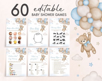 Editable Bear Balloon Baby Shower Games Bundle, Blue We Can Bearly Wait Baby Shower Game Pack, Boy Boho Bear Baby Shower Game Template, 0504