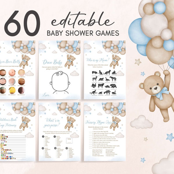 Editable Bear Balloon Baby Shower Games Bundle, Blue We Can Bearly Wait Baby Shower Game Pack, Boy Boho Bear Baby Shower Game Template, 0504