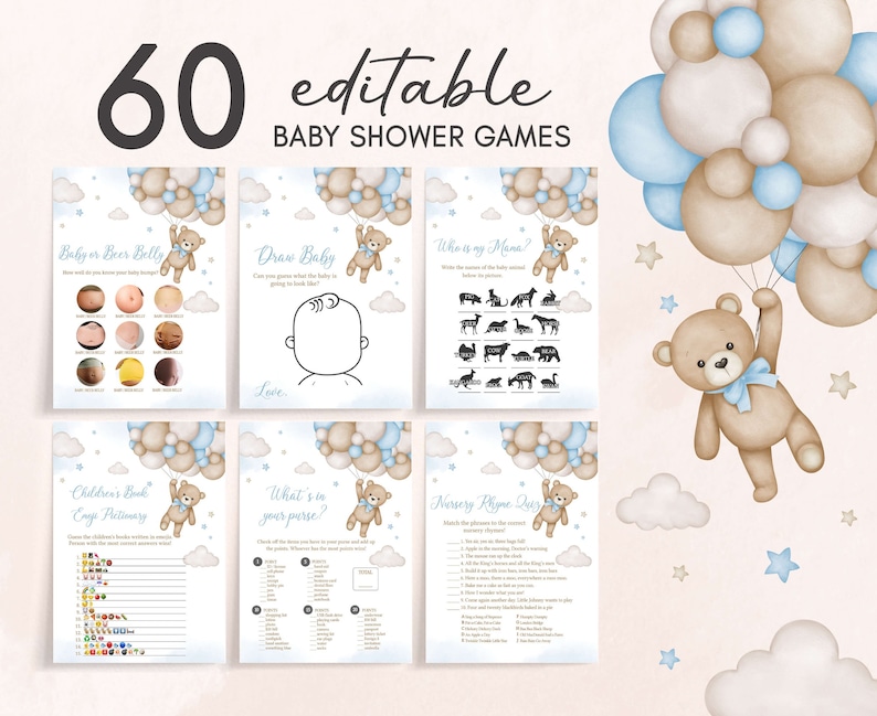 Pacchetto di giochi per baby shower modificabili con palloncino a forma di orso, pacchetto di giochi per baby shower blu We Can Bearly Wait, modello di gioco per baby shower Boy Boho Bear, 0504 immagine 1