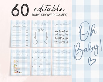 Paquete de juegos editables para baby shower de cuadros azules, paquete de juegos para baby shower de picnic, juegos minimalistas clásicos de cuadros azules para baby shower de Oh Baby Boy 01090