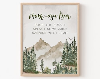 Mom Osa Bar Sign Let the Adventure Begin Baby Shower Woodland Baby Shower Momosa Sign Forest Tree Mountain Sign Gender Neutral Template 0193