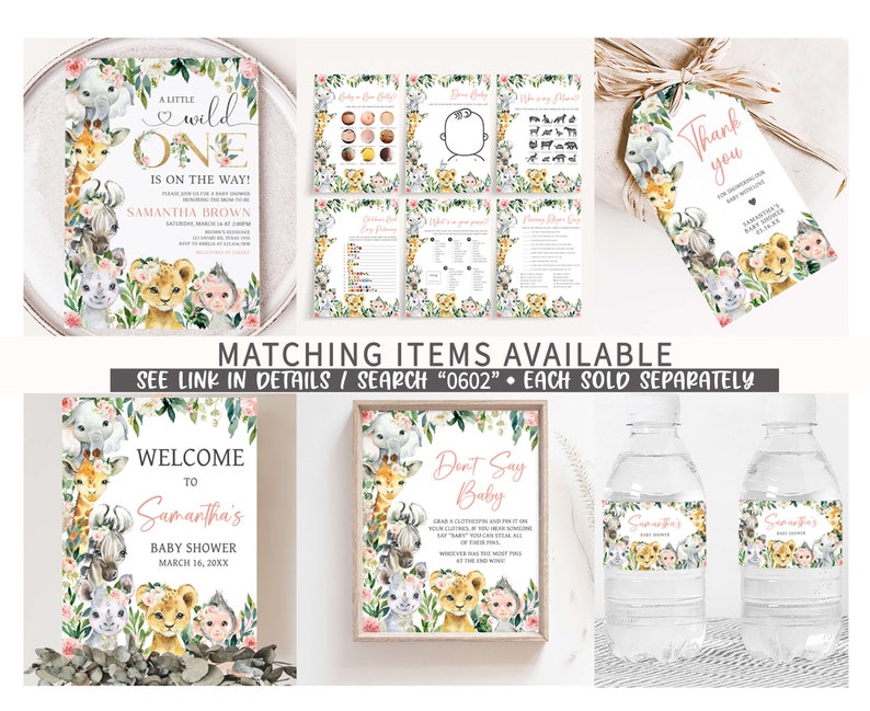 May include: A set of printable baby shower decorations featuring a jungle theme with a pink and green color scheme. The set includes a welcome sign, a don't say baby sign, a thank you tag, and a water bottle label. The design features a variety of jungle animals, including a lion, giraffe, monkey, and zebra.