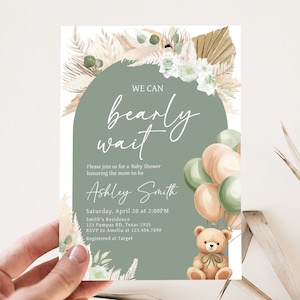 Invito per la festa del bambino dell’orso, di genere neutro, modificabile, invito per la festa del bambino a Boho dell’orso verde, invito per la festa del bambino di palloncini verde salvia, 0693