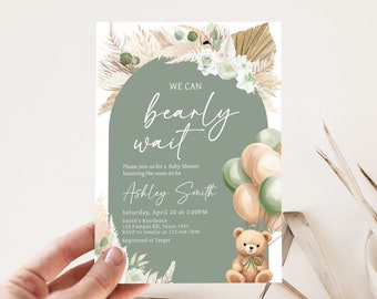 Editable Gender Neutral Bear Baby Shower Invitation, Green Bear Boho Baby Shower Invite, Sage Green Balloons Baby Shower Invitation, 0693