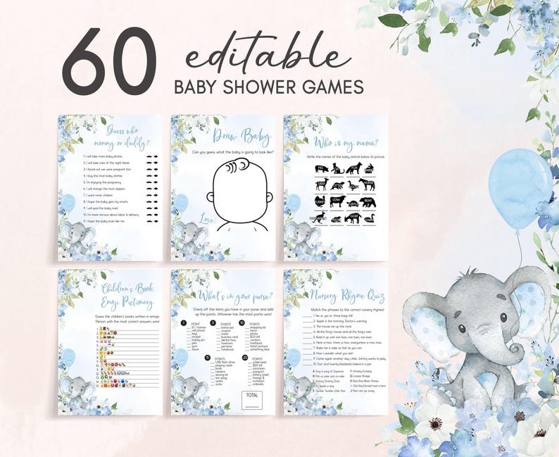 Blue Elephant Baby Shower Games Bundle