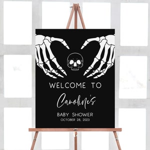Halloween Gothic with Skeleton and Skull with A Little Boo is almost Due Baby Shower Welcome Sign
