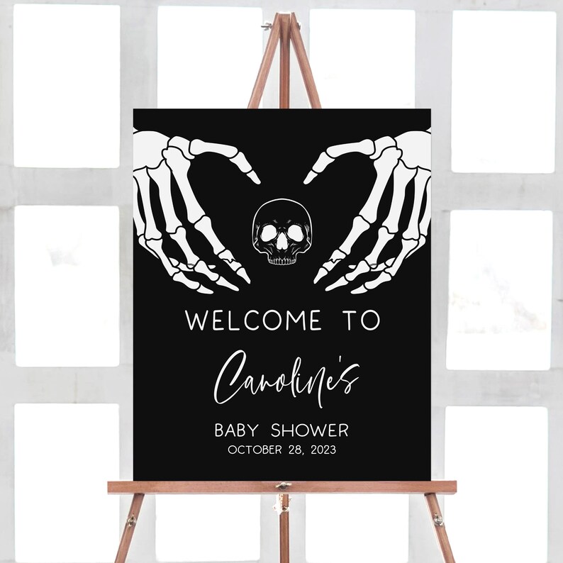 Halloween Gothic with Skeleton and Skull with A Little Boo is almost Due Baby Shower Welcome Sign