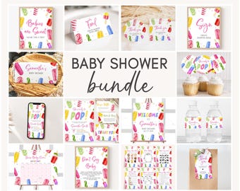 May include: A digital printable baby shower bundle with a popsicle theme. The bundle includes invitations, thank you cards, food labels, water bottle labels, cupcake toppers, a sign, a game, and a welcome sign. The colors are pink, blue, yellow, green, and white.