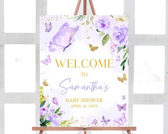 Editable Purple Butterfly Baby Shower Welcome Sign, Butterflies Girl Baby Shower Welcome Poster, Floral Butterfly Purple Baby Shower, 0682
