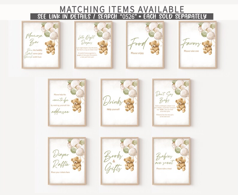 May include: Set of ten printable baby shower signs featuring a teddy bear holding balloons. The signs include titles such as "Morn-eza Bar", "Late Night Diapery", "Food", "Favory", "Please help the move-to-be adfressee", "Drinks", "Don't Say Baby", "Diaper Raffle", "Books & Gifts", and "Babies are sweet".