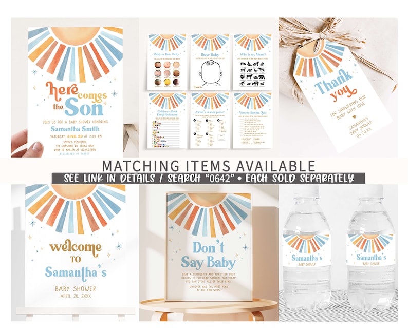 Bearbeitbares Sunshine-Babyparty-Spielepaket, hier kommt das Sohn-Babyparty-Spielpaket, Blue Boy Boho Sunshine-Babyparty-Spielvorlage, 0642 Bild 2