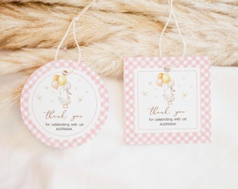 Könnte beinhalten: Zwei rosa-weiße Gingham-Geschenk-Etiketten mit einer weißen Gans, die Ballons hält. Der Text auf den Etiketten lautet "Vielen Dank fürs Feiern mit uns! Audriana".