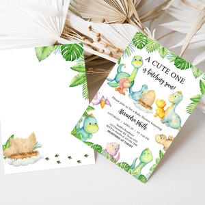 Paquete de invitación editable para baby shower de dinosaurios, conjunto de invitaciones para baby shower de Greenery Dino, paquete de invitación para baby shower de dinosaurios de género neutro 0667 imagen 2