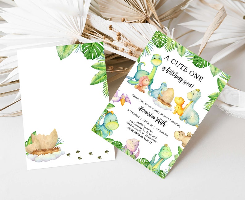 Paquete de invitación editable para baby shower de dinosaurios, conjunto de invitaciones para baby shower de Greenery Dino, paquete de invitación para baby shower de dinosaurios de género neutro 0667 imagen 2