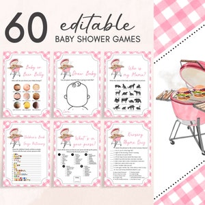 Bearbeitbares Pink BBQ-Babypartyspiele-Bundle, Mädchen-Baby-Q-Babyparty-Spielpaket, Brötchen im Ofen und Burger im Grill-Babypartyspiel 0743